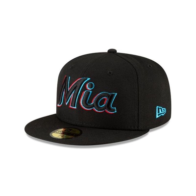 Black Miami Marlins Hat - New Era MLB Ligature 59FIFTY Fitted Caps USA6397582